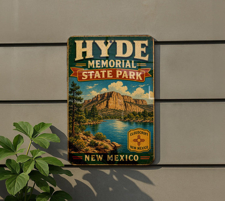 A vintage metal sign for Hyde Memorial State Park in New Mexico, featuring a scenic landscape with mountains, a lake, and a desert backdrop.