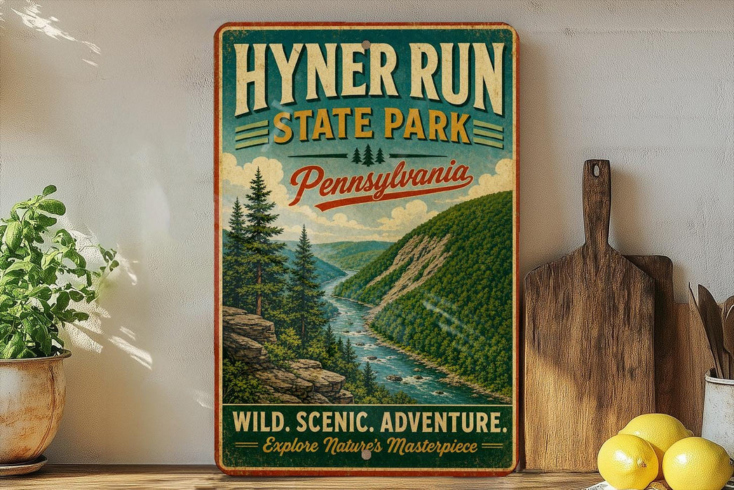 A vintage-style poster advertising Hyner Run State Park in Pennsylvania, featuring a scenic mountain landscape with a river and pine trees.