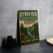 A vintage-style sign for Hyner Run State Park in Pennsylvania, featuring a scenic mountain landscape with a river and pine trees.