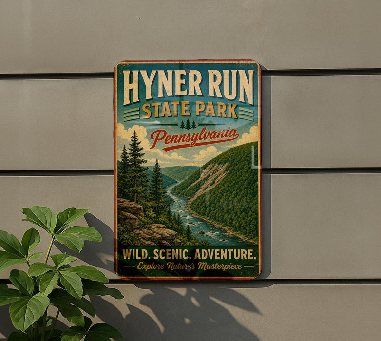 A vintage-style metal sign for Hyner Run State Park in Pennsylvania, featuring a scenic mountain landscape with a river and pine trees.