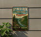 A vintage-style metal sign for Hyner Run State Park in Pennsylvania, featuring a scenic mountain landscape with a river and pine trees.