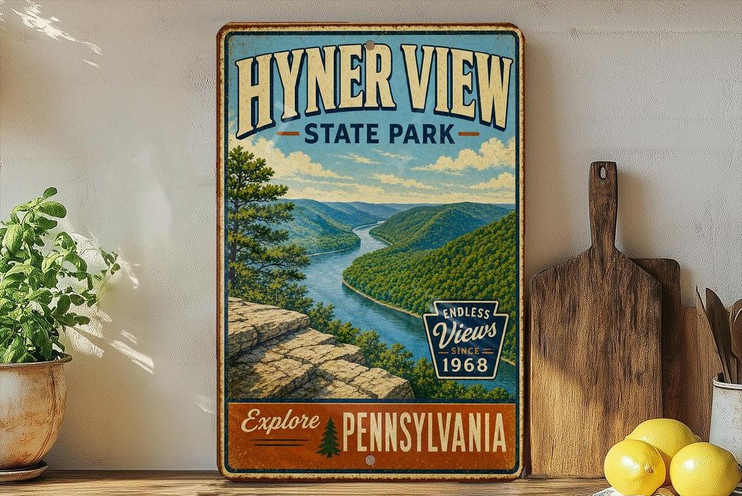 A vintage-style metal sign for Hyner View State Park in Pennsylvania, featuring a scenic mountain landscape with a winding river.