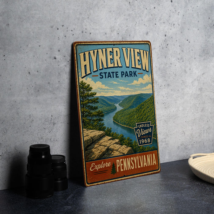 A vintage-style metal sign for Hynter View State Park, featuring a scenic mountain landscape with a river.