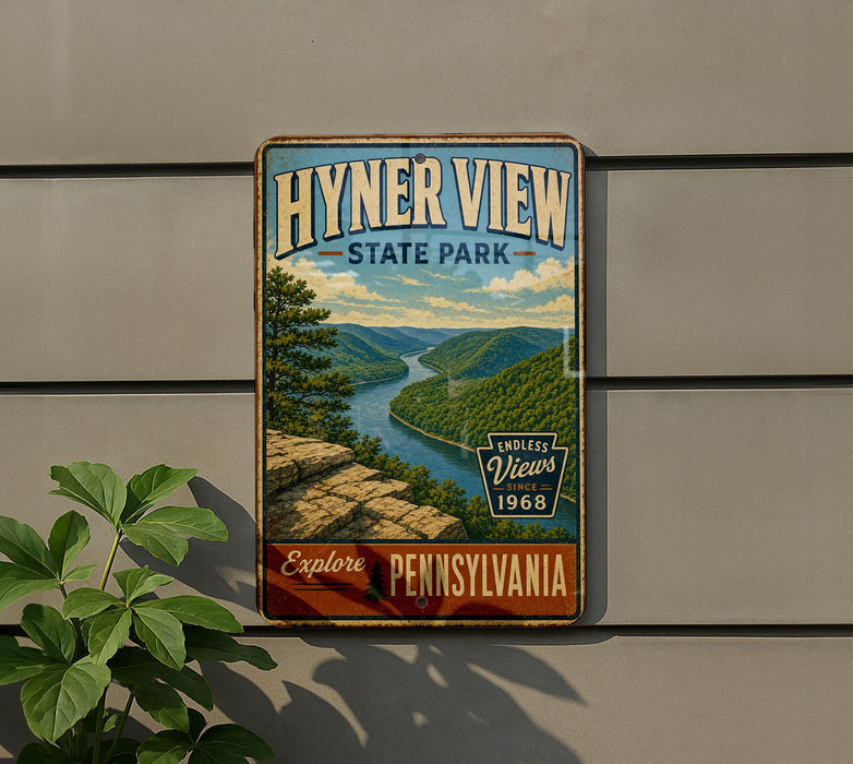 A vintage-style metal sign for Hyner View State Park in Pennsylvania, featuring a scenic landscape with a river and mountains.