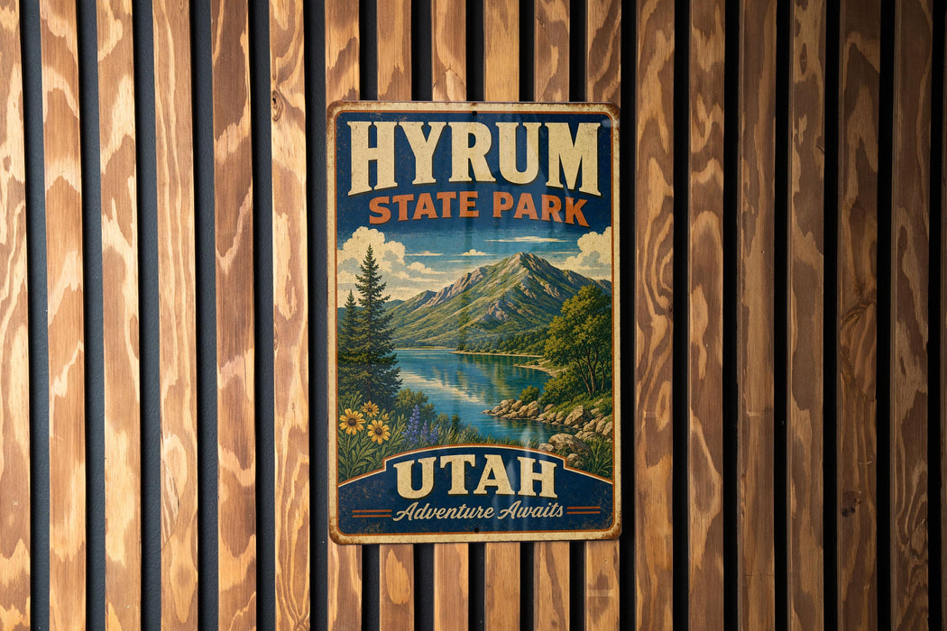 A vintage metal sign for Hyrum State Park in Utah, featuring a scenic mountain landscape with a lake and pine trees.