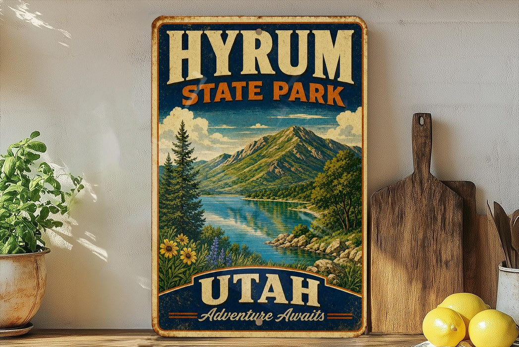 A vintage-style sign for Hyrium State Park in Utah, featuring a scenic mountain landscape with a lake and pine trees.
