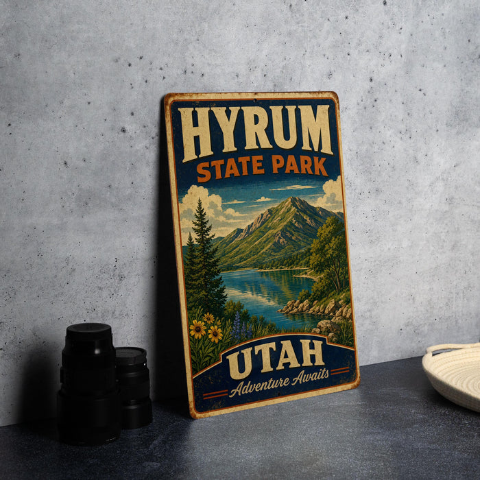 A vintage-style metal sign for Hyrium State Park in Utah, featuring a scenic landscape with mountains, a lake, and wildflowers.