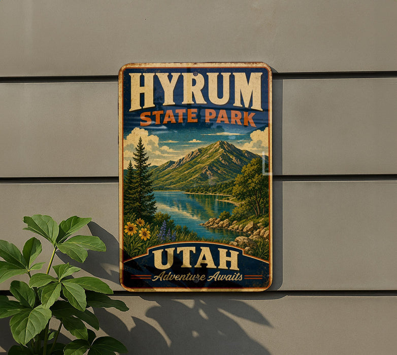 A vintage-style metal sign for Hyrium State Park in Utah, featuring a scenic mountain landscape with a lake and pine trees.