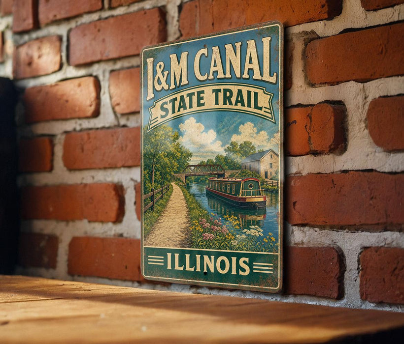 A vintage-style metal sign for the Illinois State Trail, featuring a scenic illustration of a canal and a bridge.