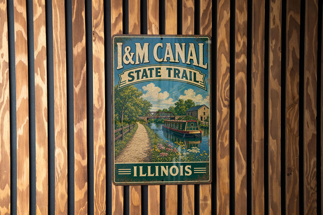 A vintage-style metal sign for the I&M Canal State Trail in Illinois, featuring a scenic illustration of a canal and surrounding landscape.