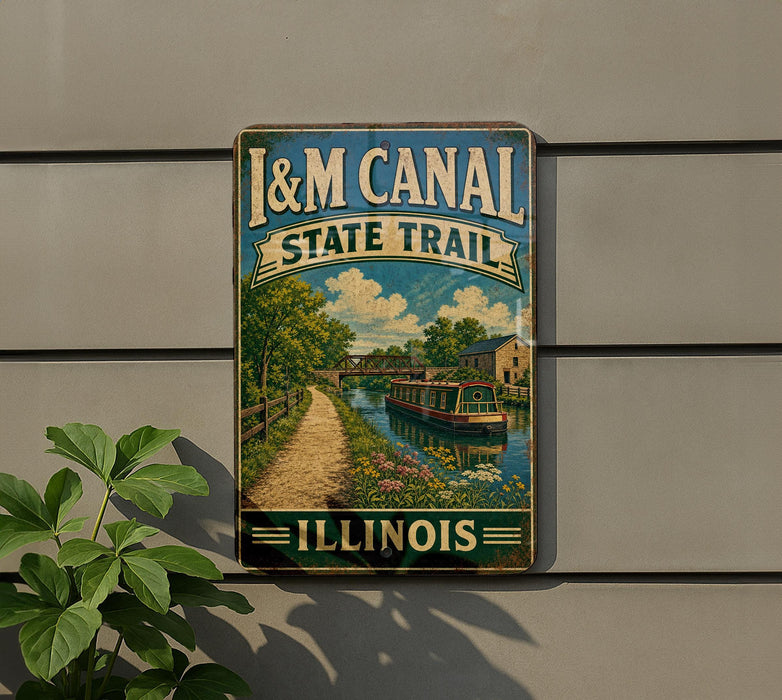 A vintage-style sign for the Illinois State Trail, featuring a scenic image of a canal and a bridge.