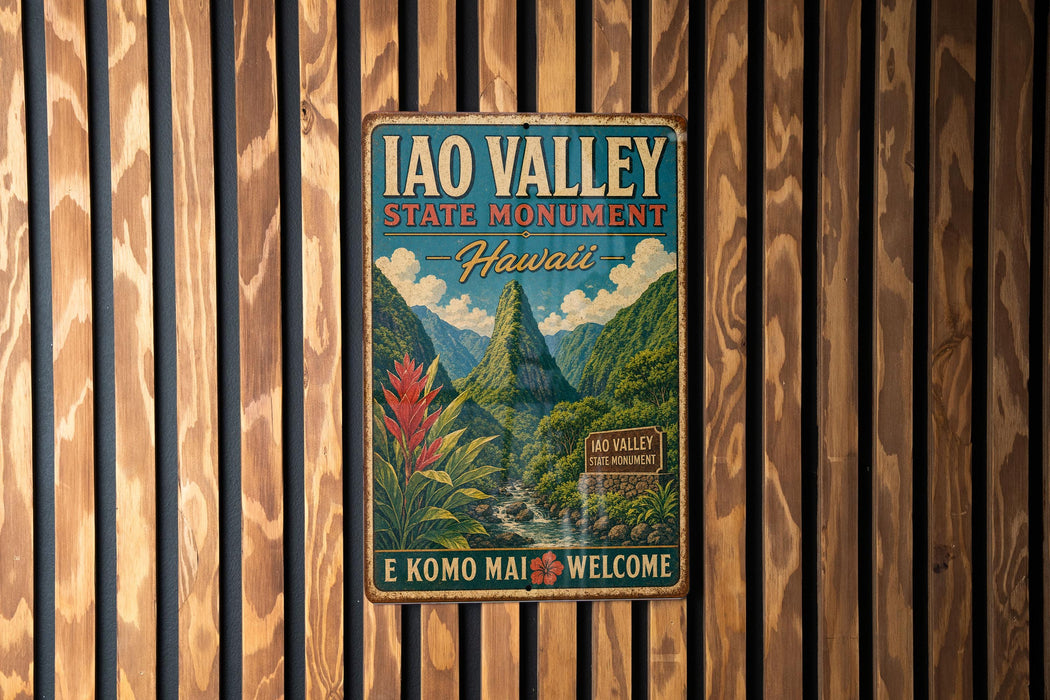 A vintage-style metal sign for the Iao Valley State Monument in Hawaii, featuring a mountainous landscape with a waterfall and tropical plants.