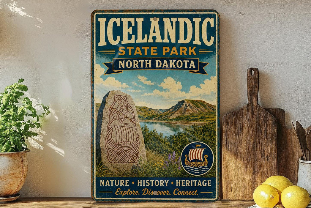 A vintage-style sign for Iceland State Park in North Dakota, featuring a scenic landscape with mountains, water, and a Viking ship.