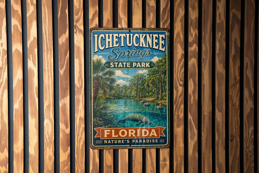A vintage-style metal sign for Ichetucknee Springs State Park in Florida, featuring a scenic illustration of the springs surrounded by lush greenery and a manatee.