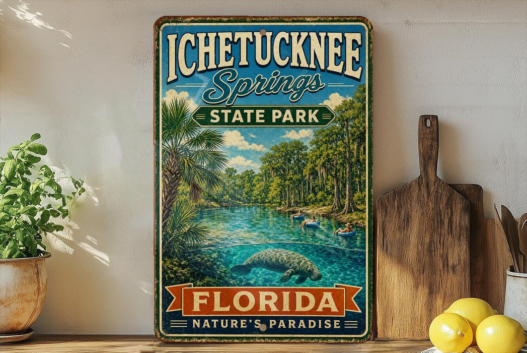 A vintage-style sign for Ichetucknee Springs State Park in Florida, featuring a scenic illustration of a manatee in a river surrounded by palm trees.
