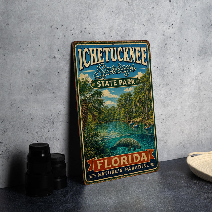 A vintage-style sign for Ichetucknee Springs State Park in Florida, featuring a scenic illustration of the springs surrounded by palm trees and a manatee.