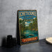 A vintage-style sign for Ichetucknee Springs State Park in Florida, featuring a scenic illustration of the springs surrounded by palm trees and a manatee.
