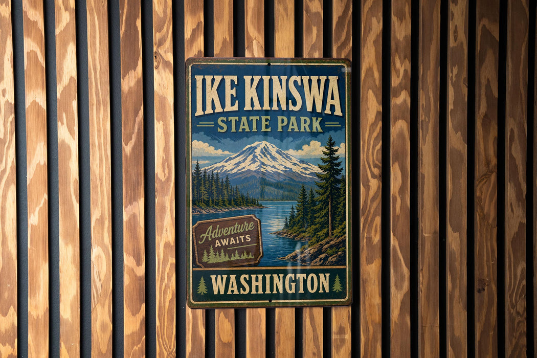 A vintage-style metal sign for IKE KINSWA STATE PARK in Washington, featuring a mountain landscape and a river.