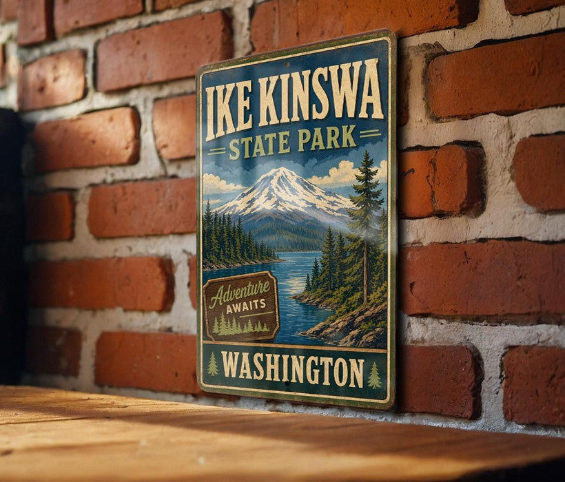 A vintage-style metal sign for Ike Kinswa State Park in Washington, featuring a mountain landscape and a river.