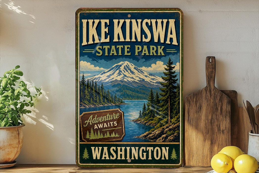 A vintage-style sign for Ike Kinswa State Park in Washington, featuring a mountain landscape and a river, with the text "Adventure Awaits" and "Washington" below.