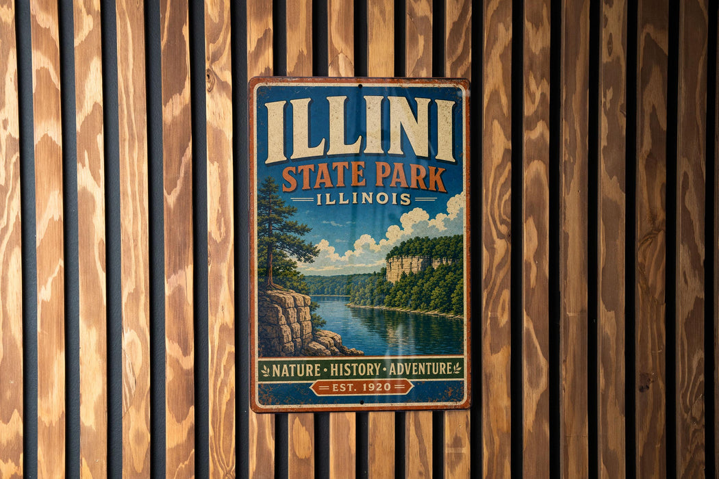 A vintage-style metal sign for Illinois State Park, featuring a scenic landscape with a river, cliffs, and trees.