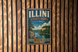 A vintage-style metal sign for Illinois State Park, featuring a scenic landscape with a river, cliffs, and trees.