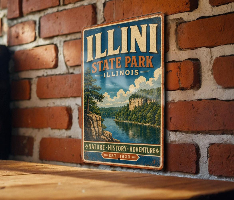 A vintage metal sign for Illinois State Park, featuring a scenic landscape with a river and mountains, mounted on a brick wall.