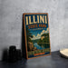 A vintage-style metal sign for Illinois State Park, featuring a scenic landscape with a lake and mountains.