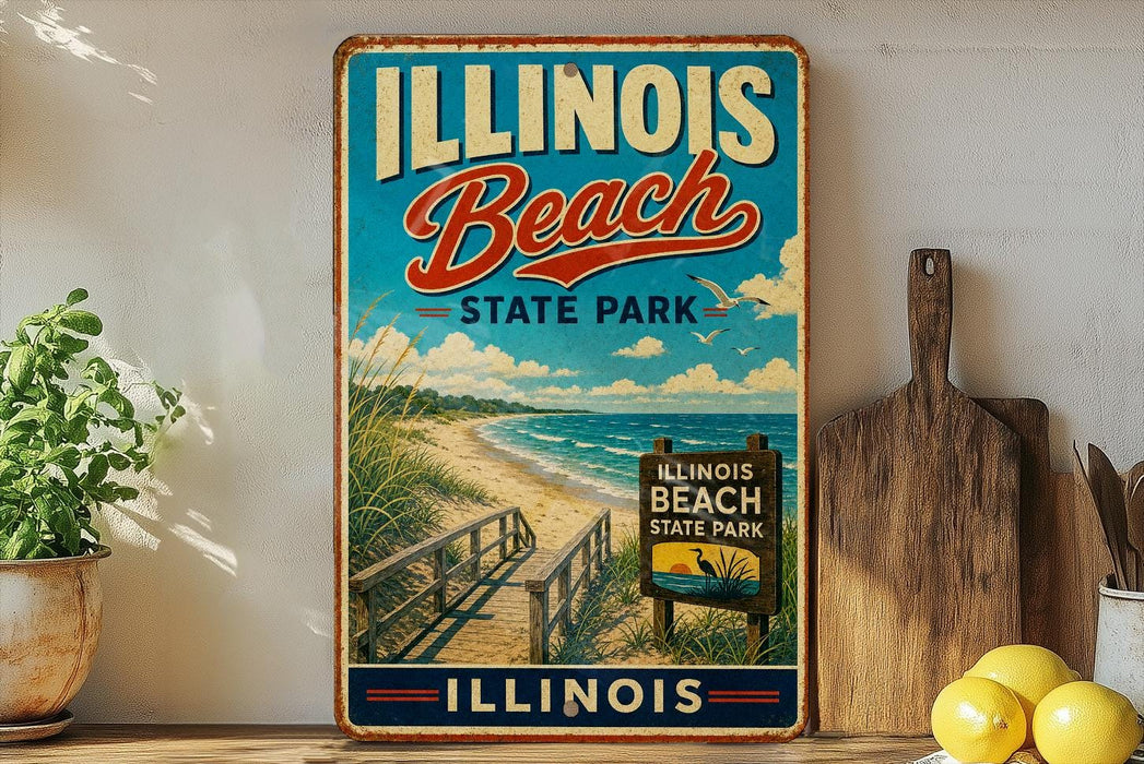 A vintage-style sign for Illinois Beach State Park, featuring a beach scene with a wooden walkway leading to the beach.