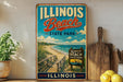 A vintage-style sign for Illinois Beach State Park, featuring a beach scene with a wooden walkway leading to the beach.