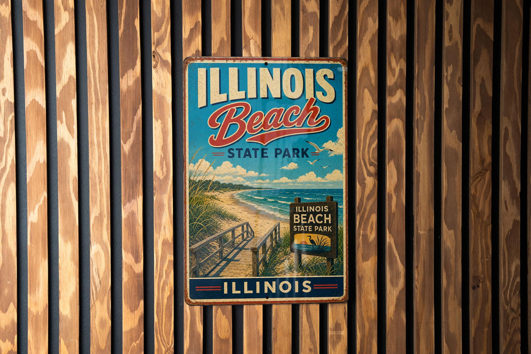 A vintage metal sign for Illinois Beach State Park, featuring a beach scene with a wooden walkway leading to the beach.