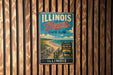 A vintage metal sign for Illinois Beach State Park, featuring a beach scene with a wooden walkway leading to the beach.