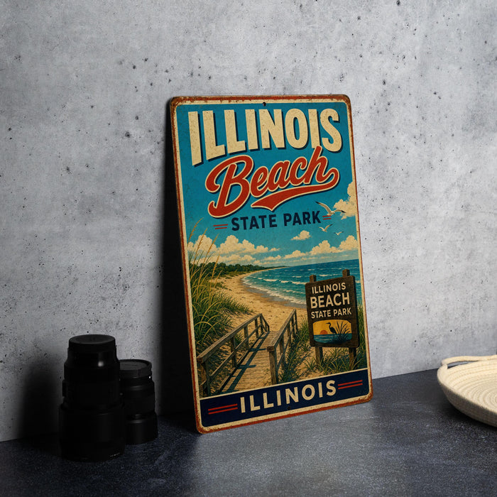 A vintage-style sign for Illinois Beach State Park, featuring a beach scene and the text "Illinois Beach State Park" in a decorative font.