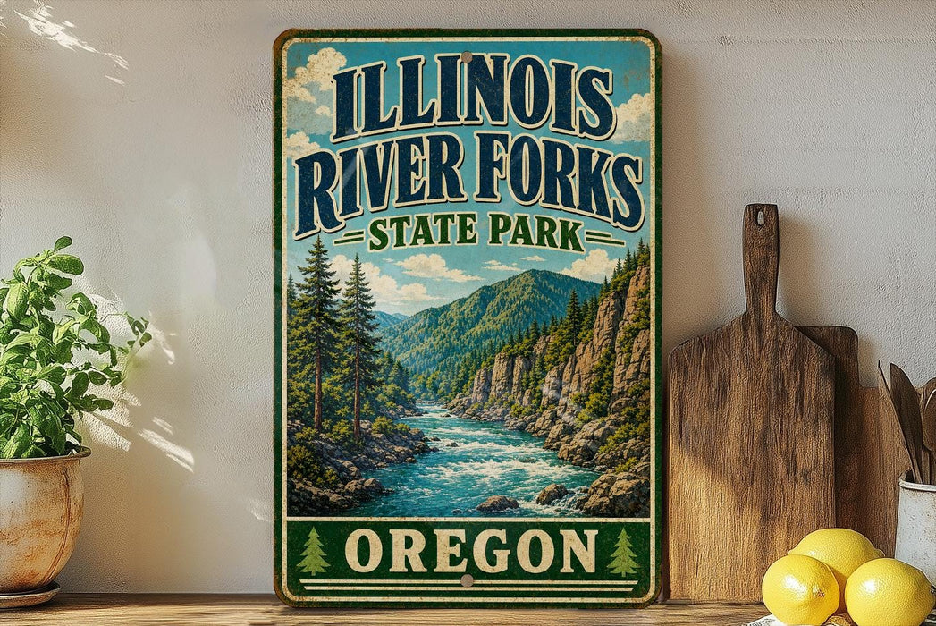 A vintage-style sign for Illinois River Forks State Park, featuring a scenic illustration of a river surrounded by mountains and pine trees.
