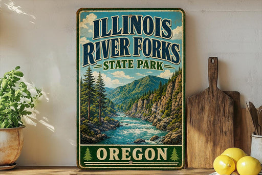 A vintage-style sign for Illinois River Forks State Park, featuring a scenic illustration of a river surrounded by mountains and pine trees.