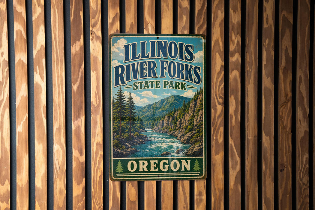A vintage metal sign for Illinois River Falls State Park in Oregon, featuring a scenic landscape with a river, mountains, and pine trees.