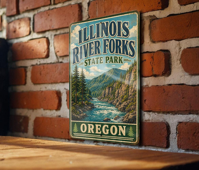 A vintage-style metal sign for Illinois River Forks State Park, featuring a scenic image of the river surrounded by mountains and forests.