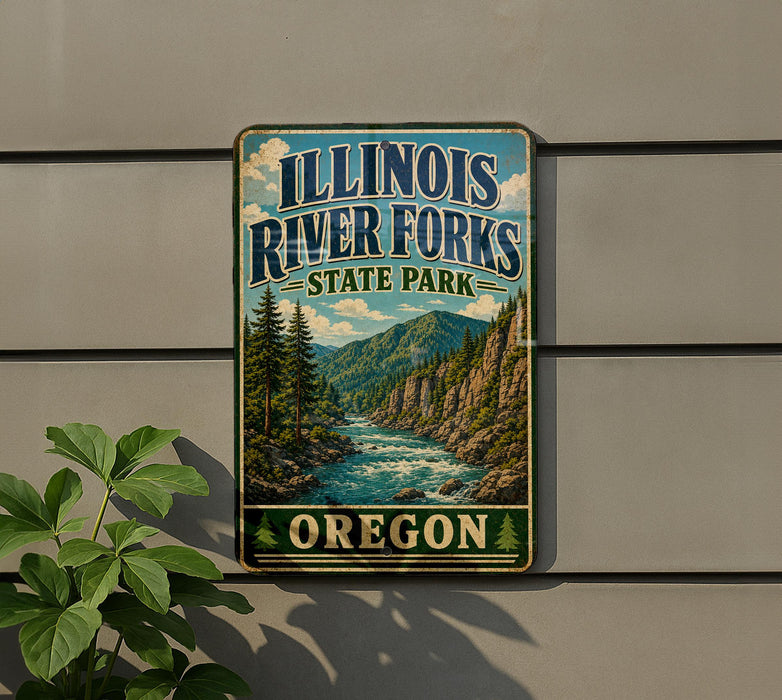 A vintage-style metal sign for Illinois River Forks State Park, featuring a scenic illustration of a river surrounded by mountains and forests.