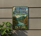 A vintage-style metal sign for Illinois River Forks State Park, featuring a scenic illustration of a river surrounded by mountains and forests.