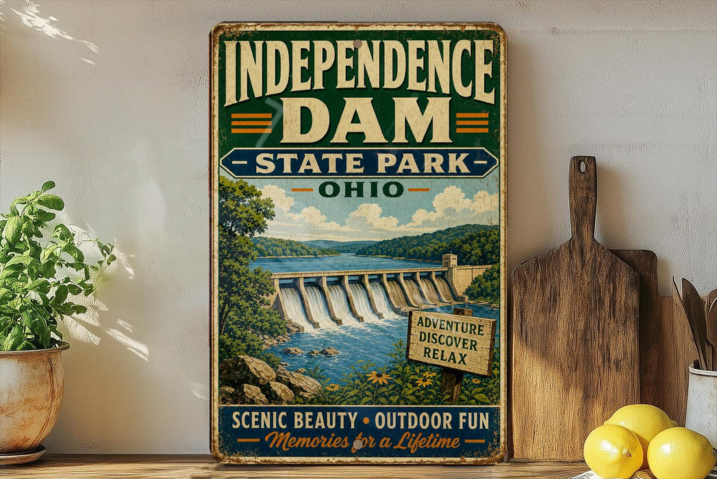A vintage-style sign for Independence Dam, a scenic attraction in Ohio, featuring a dam, trees, and a river.
