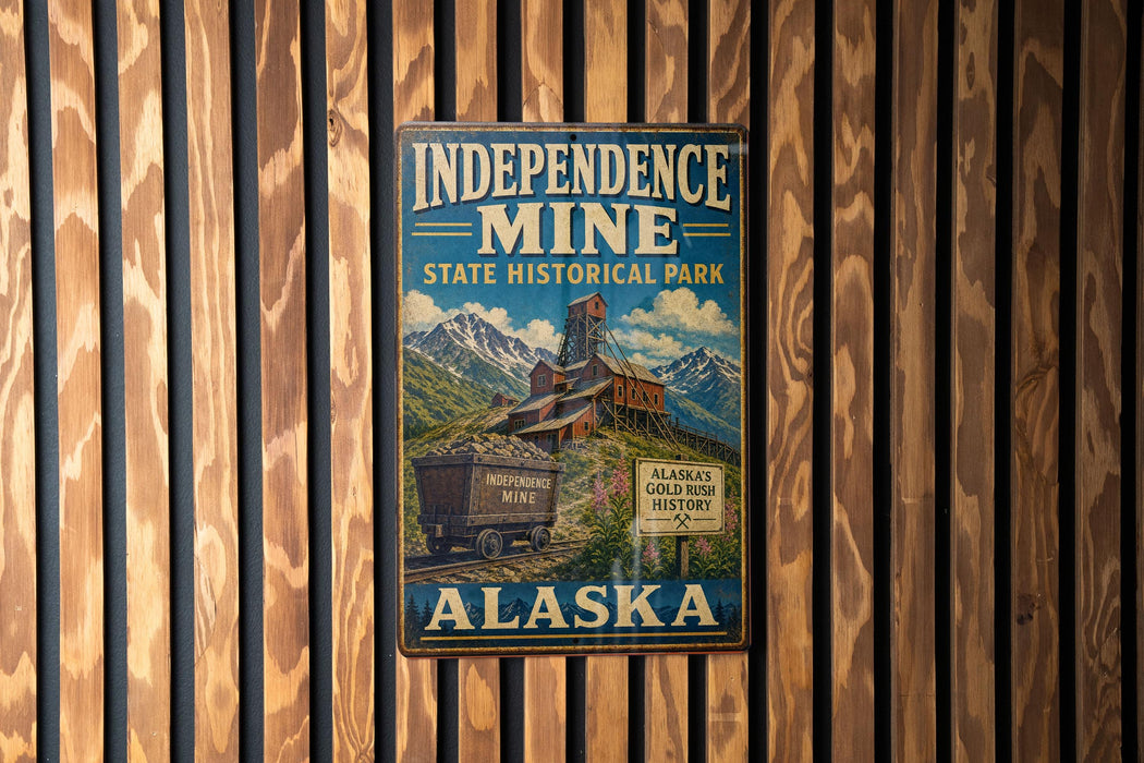 A vintage-style sign for Independence Mine, a state historical park in Alaska, featuring a train and mountains in the background.