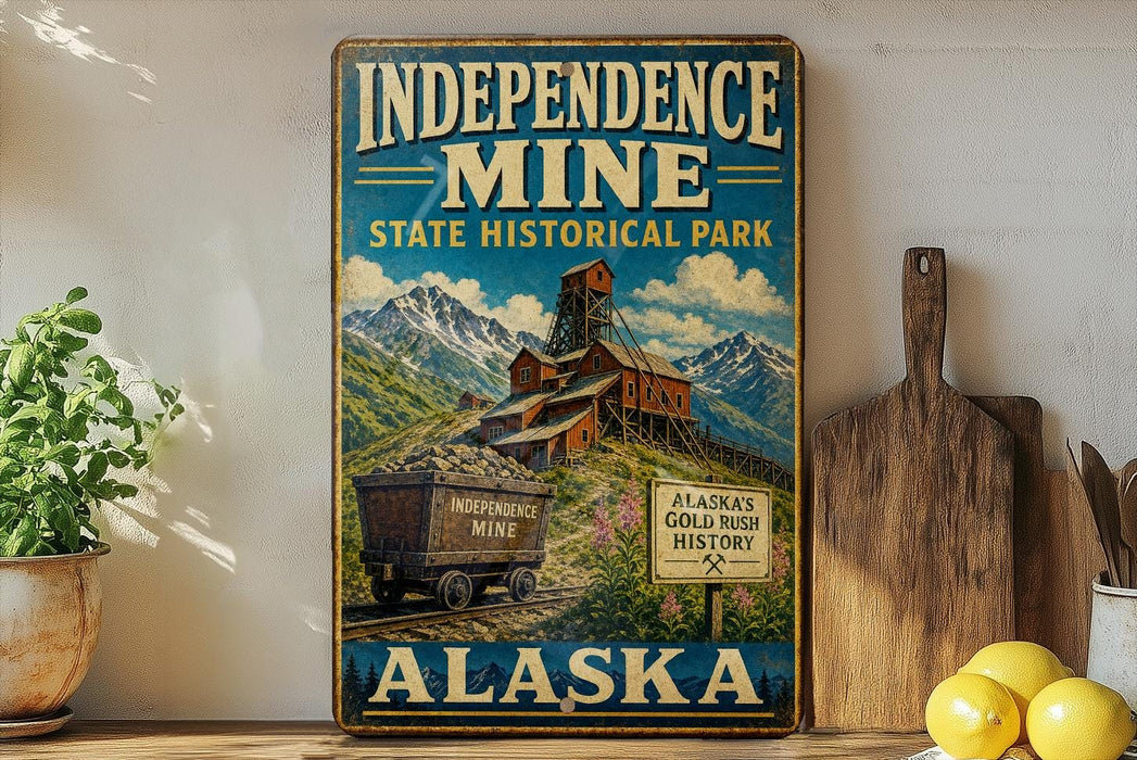 A vintage-style sign for Independence Mine, a state historical park in Alaska, featuring a train and a mountain landscape.