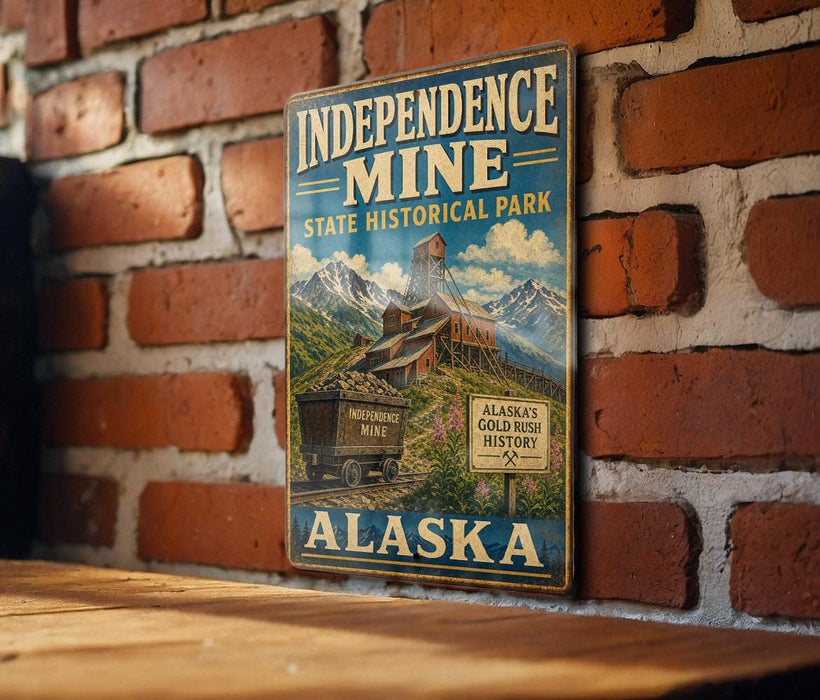 A vintage metal sign for Independence Mine, a state historical park in Alaska, featuring an illustration of a mining operation and the text "Alaska's Gold Rush History".