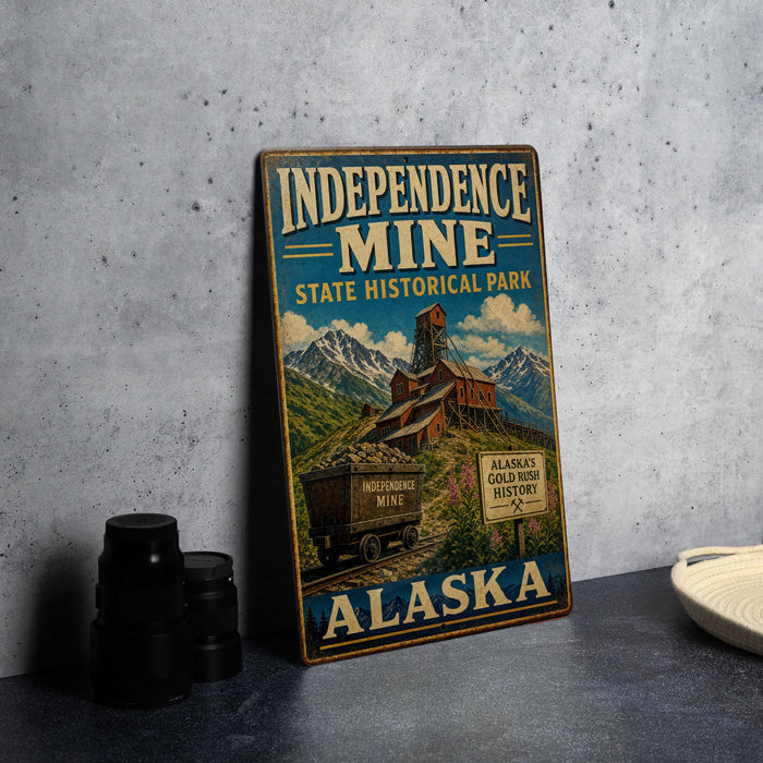 A vintage-style sign for Independence Mine, a historical park in Alaska, featuring an illustration of a mining operation and the text "Alaska Gold History".