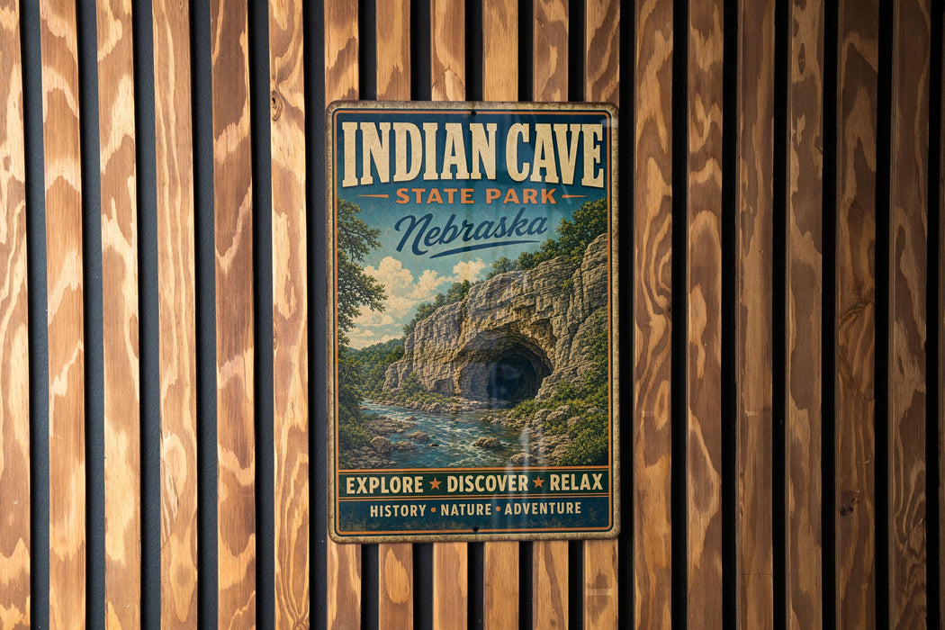 A vintage-style metal sign for Indian Cave State Park in Nebraska, featuring a scenic image of a cave surrounded by trees and a river.