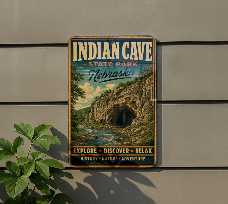 A vintage-style metal sign for Indian Cave State Park in Nebraska, featuring a scenic illustration of a cave surrounded by lush greenery and a river.