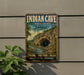 A vintage-style metal sign for Indian Cave State Park in Nebraska, featuring a scenic illustration of a cave surrounded by lush greenery and a river.