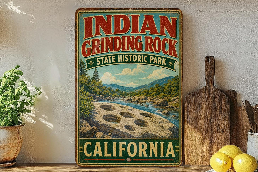 A vintage-style sign for Indian Grinding Rock State Historic Park in California, featuring a scenic landscape with mountains, a river, and a grinding stone.