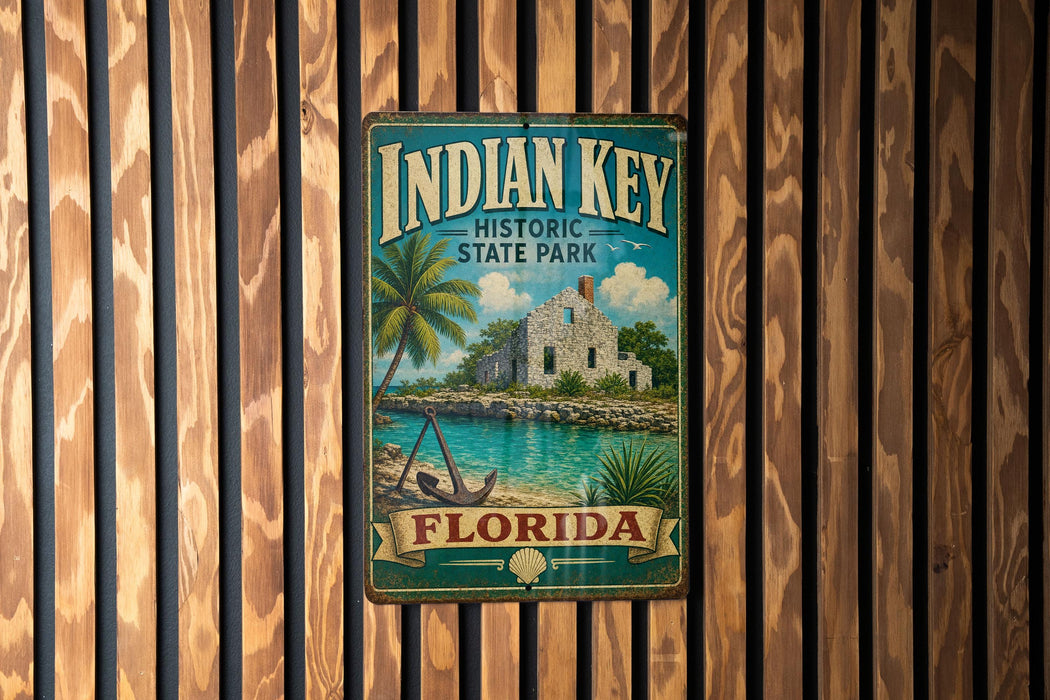 A vintage-style metal sign for Indian Key Historic State Park in Florida, featuring a tropical beach scene with palm trees and a small building.