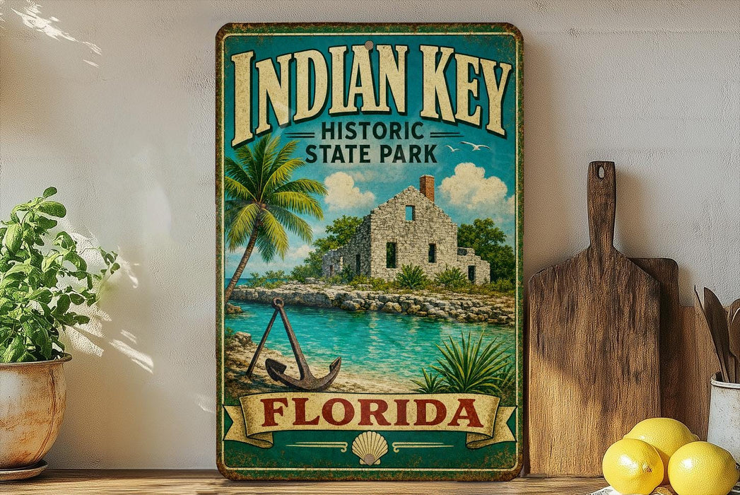 A vintage-style sign for Indian Key Historic State Park in Florida, featuring a tropical beach scene with palm trees, a small building, and a body of water.